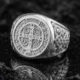 Load image into Gallery viewer, Polished silver St Benedict medal ring on porous volcanic stone, Latin inscription cross design, religious protection jewelry
