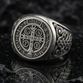 Load image into Gallery viewer, Oxidized sterling silver St Benedict ring on volcanic rock, Benedict medal seal face, Catholic protection symbol signet ring
