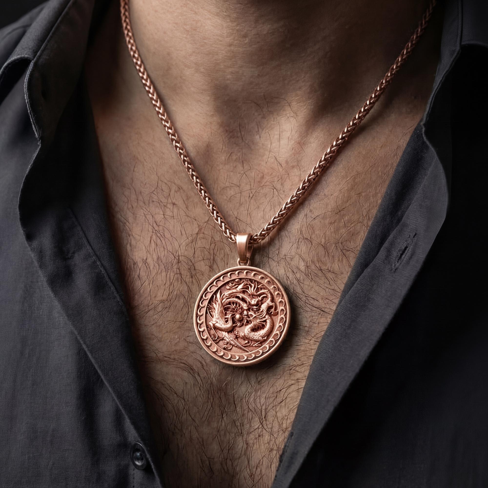 Rose gold plated dragon phoenix harmony pendant worn on model as eastern myth jewelry