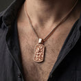 Load image into Gallery viewer, Rose gold plated dragon dog tag necklace worn on model with masculine mythic style

