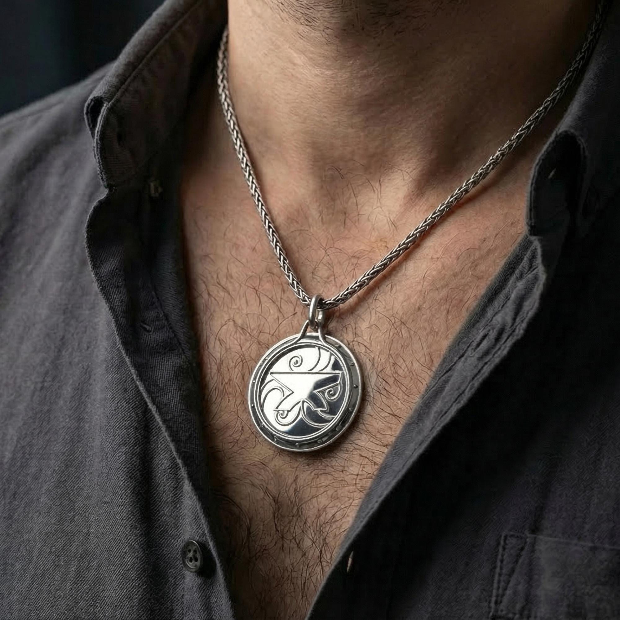 Polished silver Skyrim Zenithar amulet worn on chest highlighting Nordic RPG symbolism