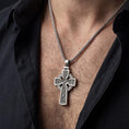 Load image into Gallery viewer, Oxidized celtic cross pendant necklace worn on male model as faith protection talisman
