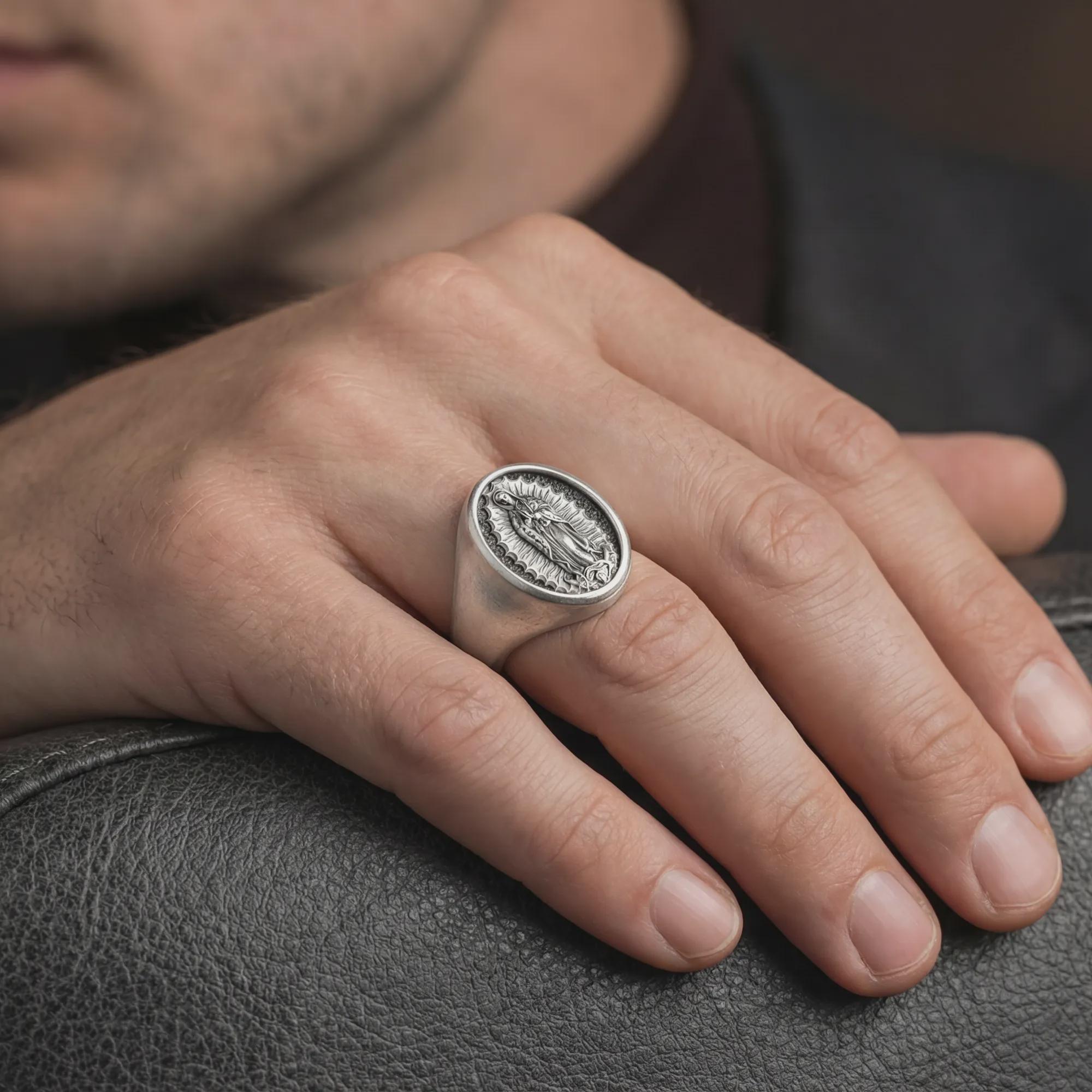 Oxidized sterling silver Our Lady of Guadalupe signet ring worn on male hand as religious jewelry