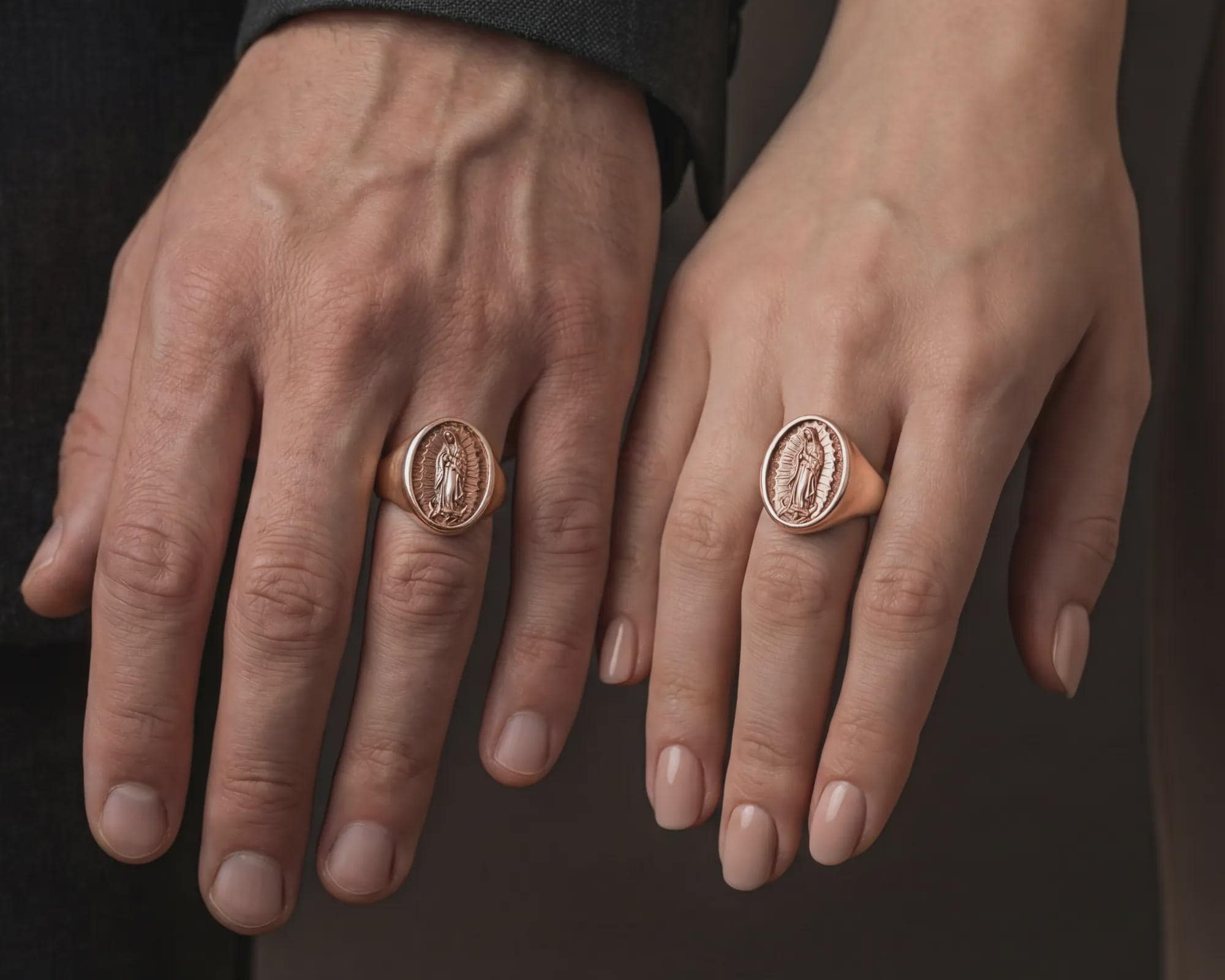 Rose gold plated Our Lady of Guadalupe ring worn on hand as spiritual protection ring