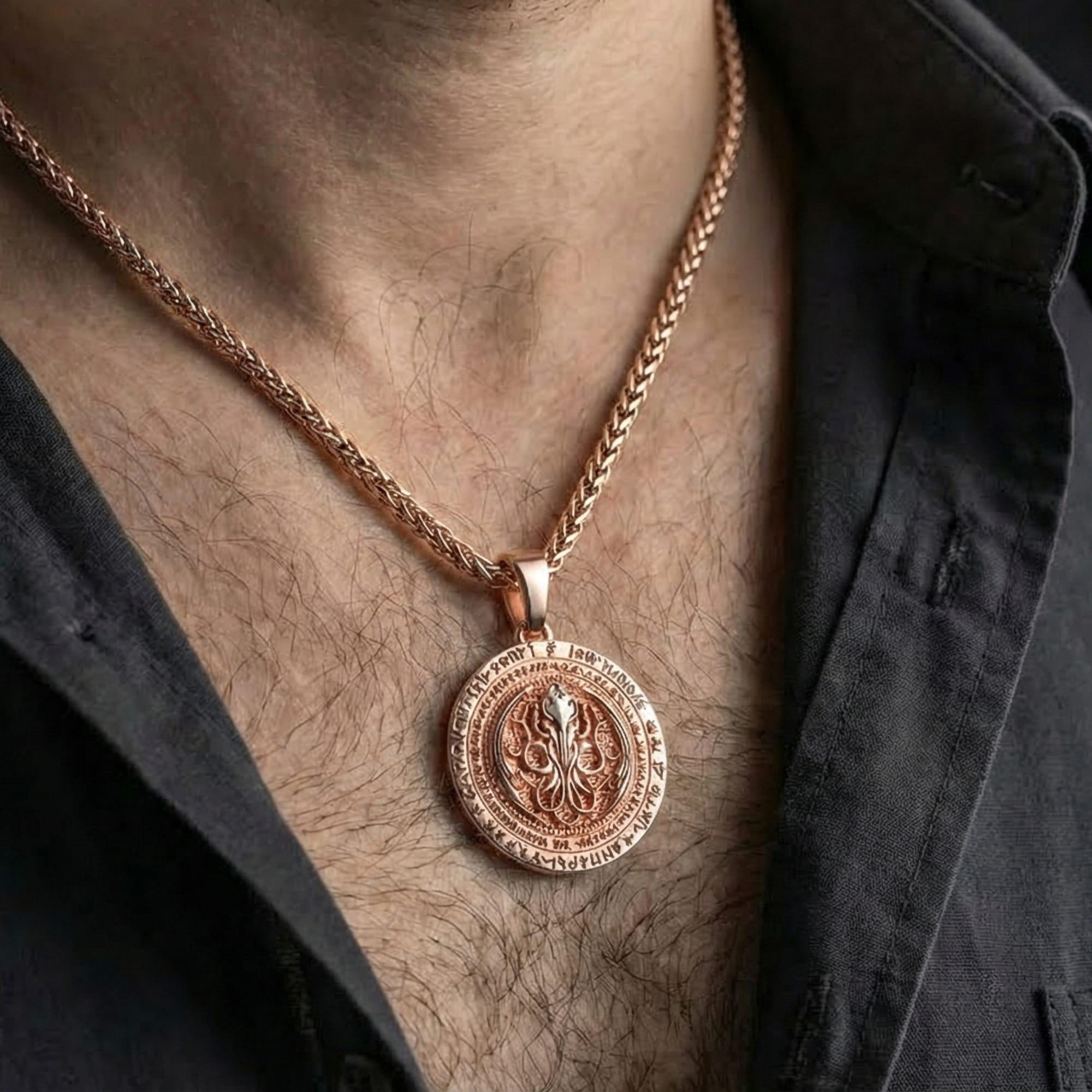 Rose gold plated Cthulhu sigil necklace worn on model with mysterious occult style