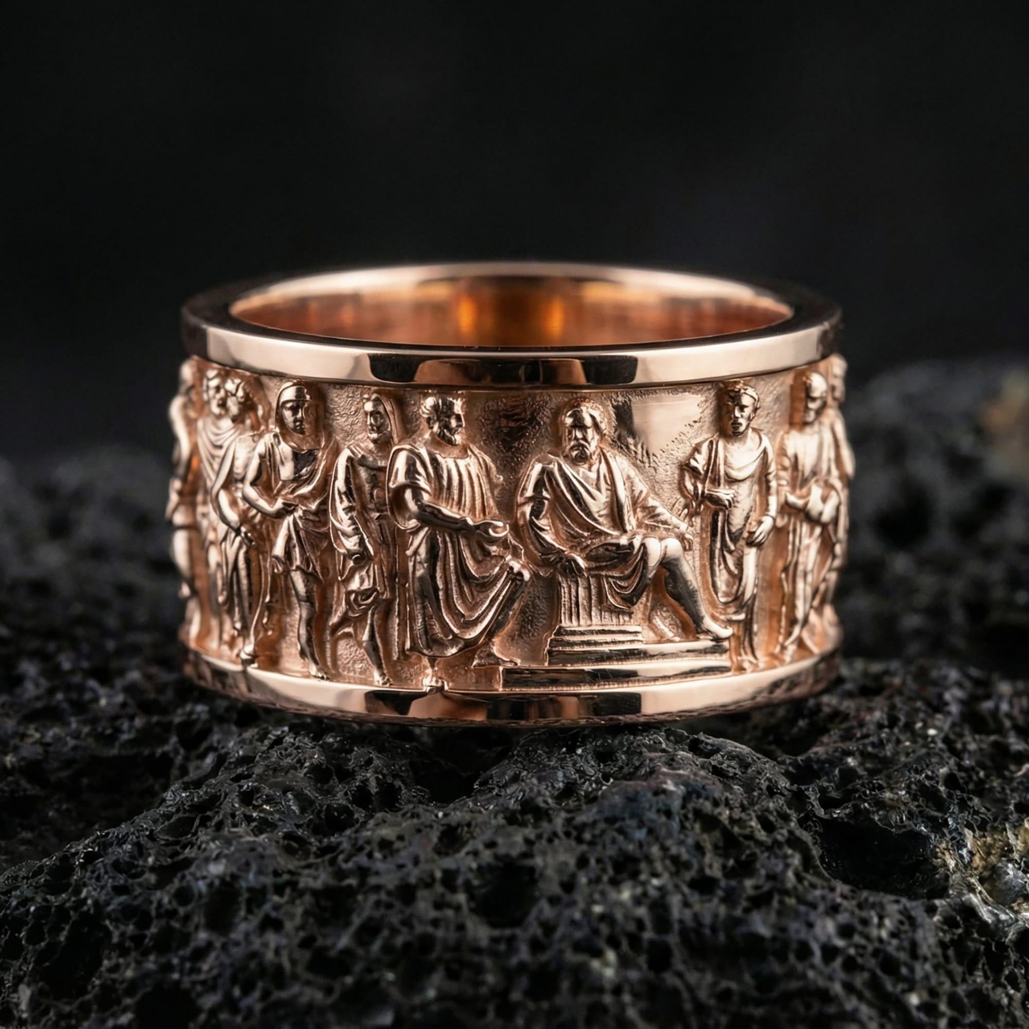 Rose gold plated Roman people relief band ring presented on volcanic rock surface with museum-grade antique aesthetic