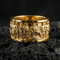 Load image into Gallery viewer, Gold plated ancient Greece themed ring showcased on volcanic rock as a symbol of wisdom, civilization, and classical heritage

