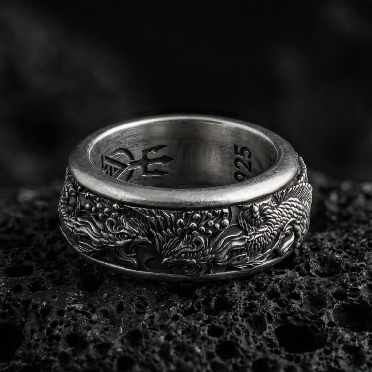 Oxidized phoenix engraved spinner fidget wedding band ring photographed on volcanic rock highlighting mythological rebirth symbolism and deep relief texture