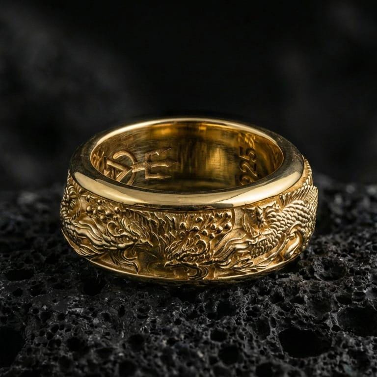 Gold plated phoenix fidget wedding band showcased on volcanic rock as a symbol of immortality, strength, and renewal