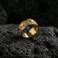 Load image into Gallery viewer, Gold plated geometric pyramid ring showcased on volcanic rock as a modern statement band with bold architectural depth
