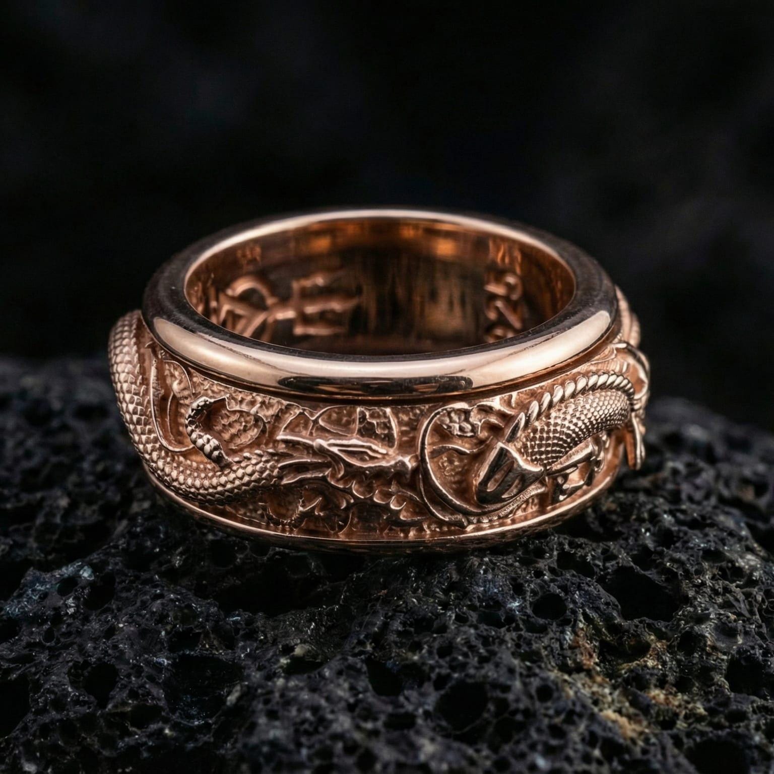 Rose gold plated dragon carp fidget ring presented on volcanic rock with premium mythic relief and tactile rotating comfort