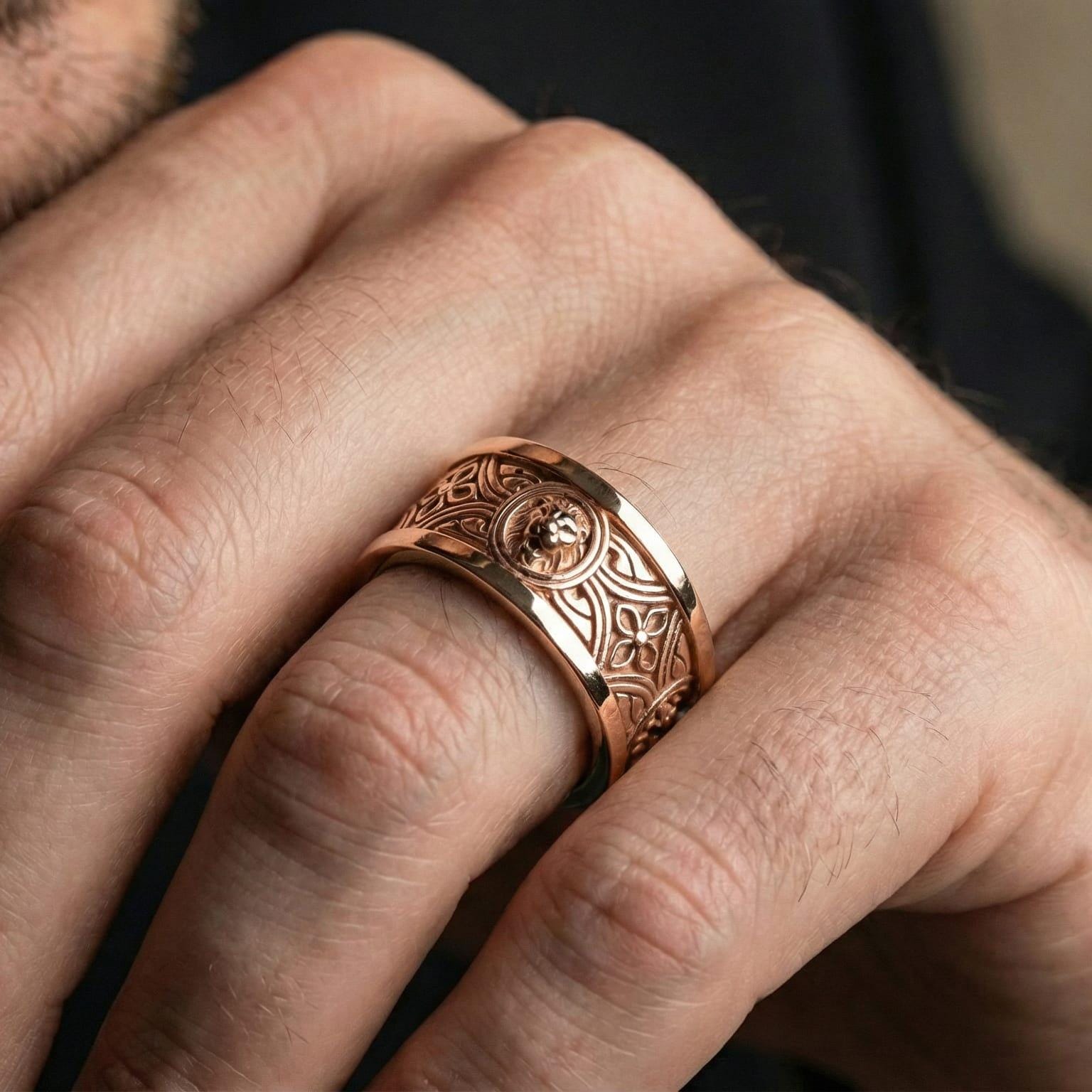 Rose gold plated engraved egret wedding band ring worn on model, delivering a refined natural aesthetic with detailed bird relief and luxury finish look