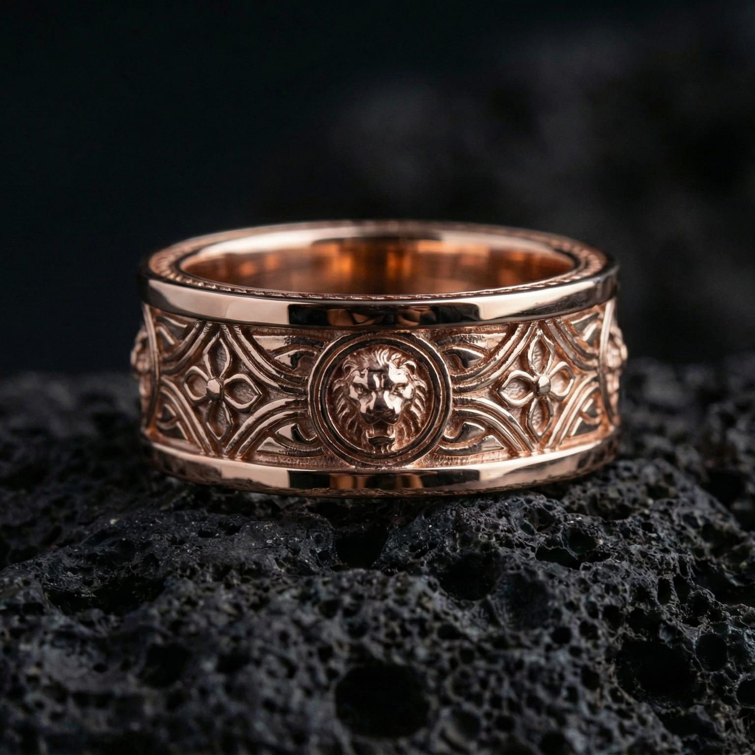 Rose gold plated lion head ring worn on model with elevated contrast, regal centerpiece focus, and modern gothic elegance