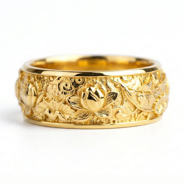 Rose gold plated floral lotus band ring presented on volcanic rock surface with elegant botanical detailing and premium gift aesthetic