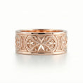 Load image into Gallery viewer, Rose Gold Knights Hospitaller Maltese cross wedding band showcased white background with heritage-inspired fleur de lis pattern and bold masculine profile
