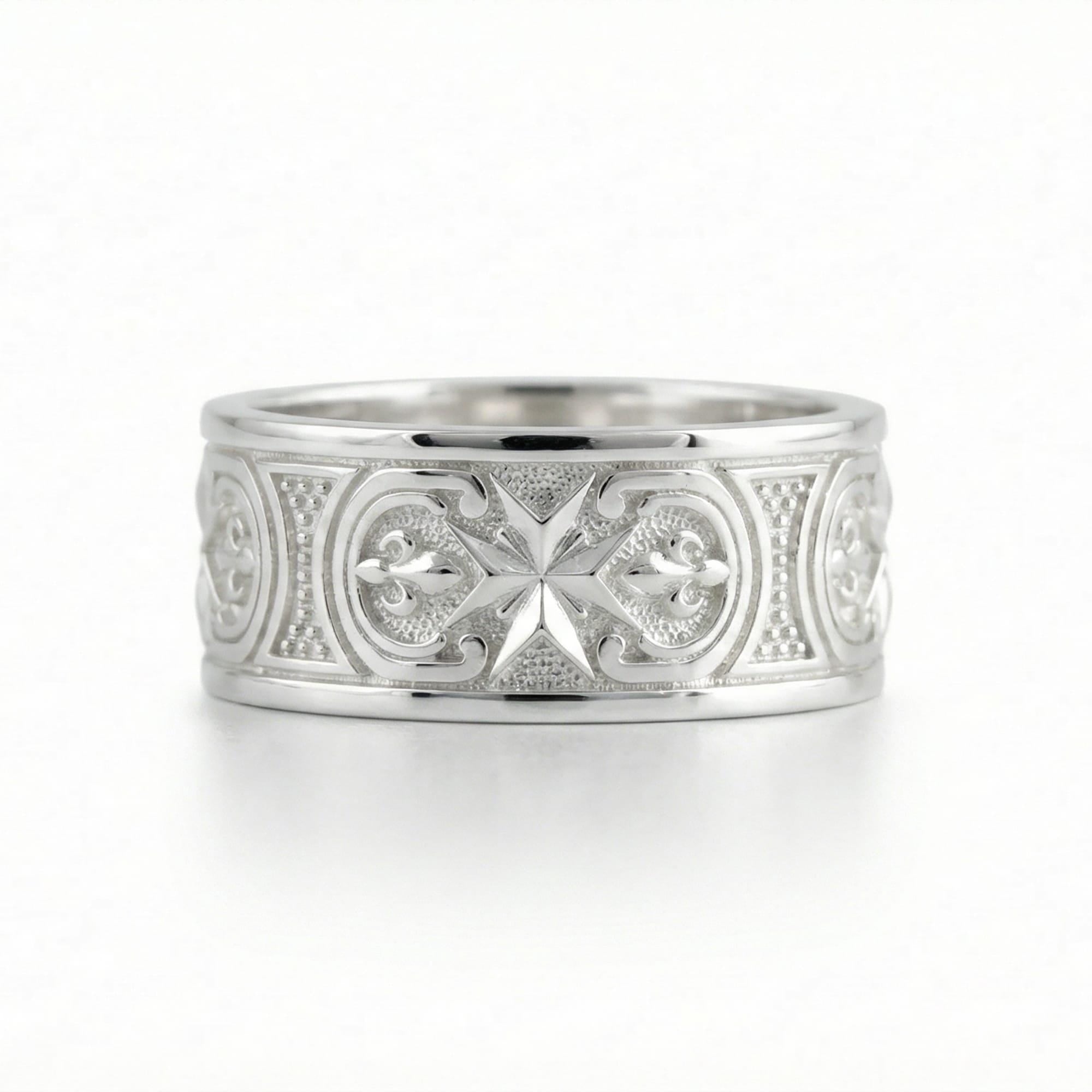 White Gold Knights Hospitaller Maltese cross wedding band showcased white background with heritage-inspired fleur de lis pattern and bold masculine profile