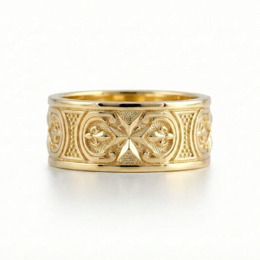 Gold Knights Hospitaller Maltese cross wedding band showcased white background with heritage-inspired fleur de lis pattern and bold masculine profile