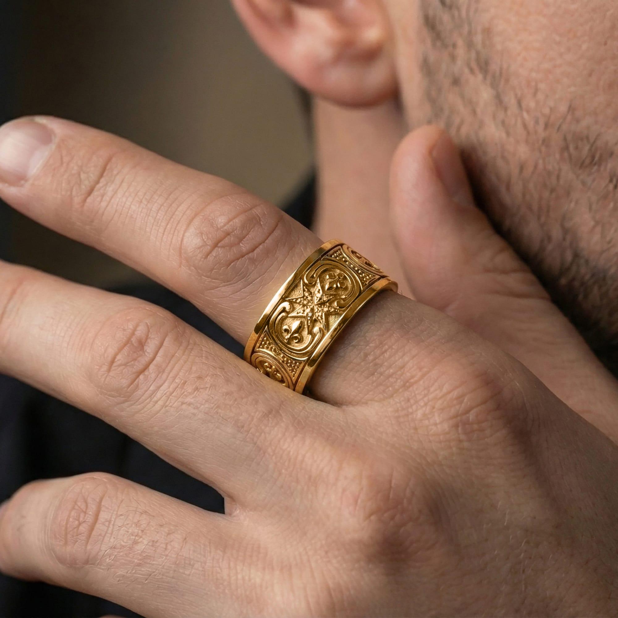 Gold crusader Maltese cross wedding band worn by man, delivering a premium historical order aesthetic with strong luxury styling