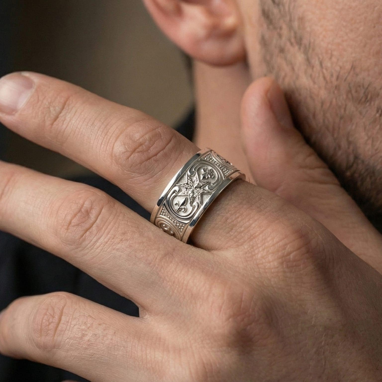 White Gold crusader Maltese cross wedding band worn by man, delivering a premium historical order aesthetic with strong luxury styling