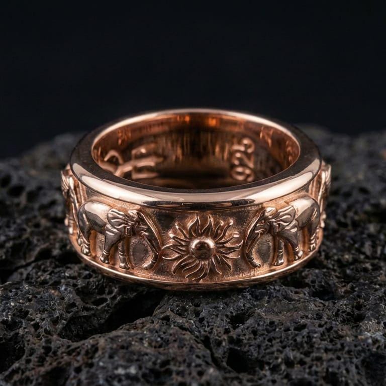 Rose gold plated elephant fidget ring presented on volcanic rock surface emphasizing bold animal pattern, heritage-inspired wedding band aesthetic