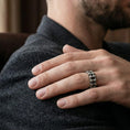 Load image into Gallery viewer, Oxidized steampunk chain band ring worn on finger as a bold industrial statement ring with biker-inspired edge

