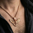 Load image into Gallery viewer, Rose gold plated owl pendant necklace worn on neck, lifestyle composition with dark outfit, crisp feather texture
