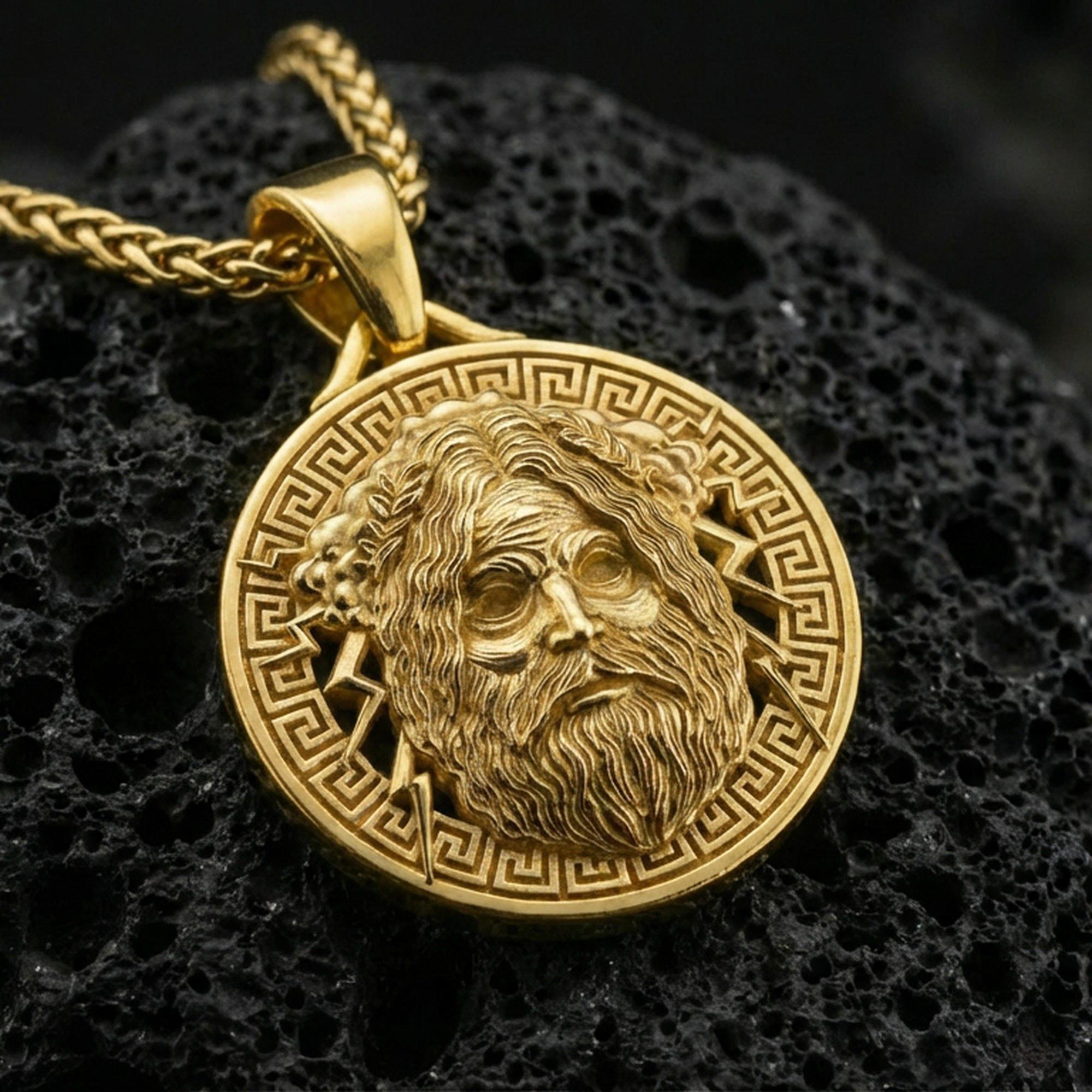 Gold plated Zeus medallion pendant displayed on porous volcanic rock surface, close-up studio composition, detailed lightning bolts and border