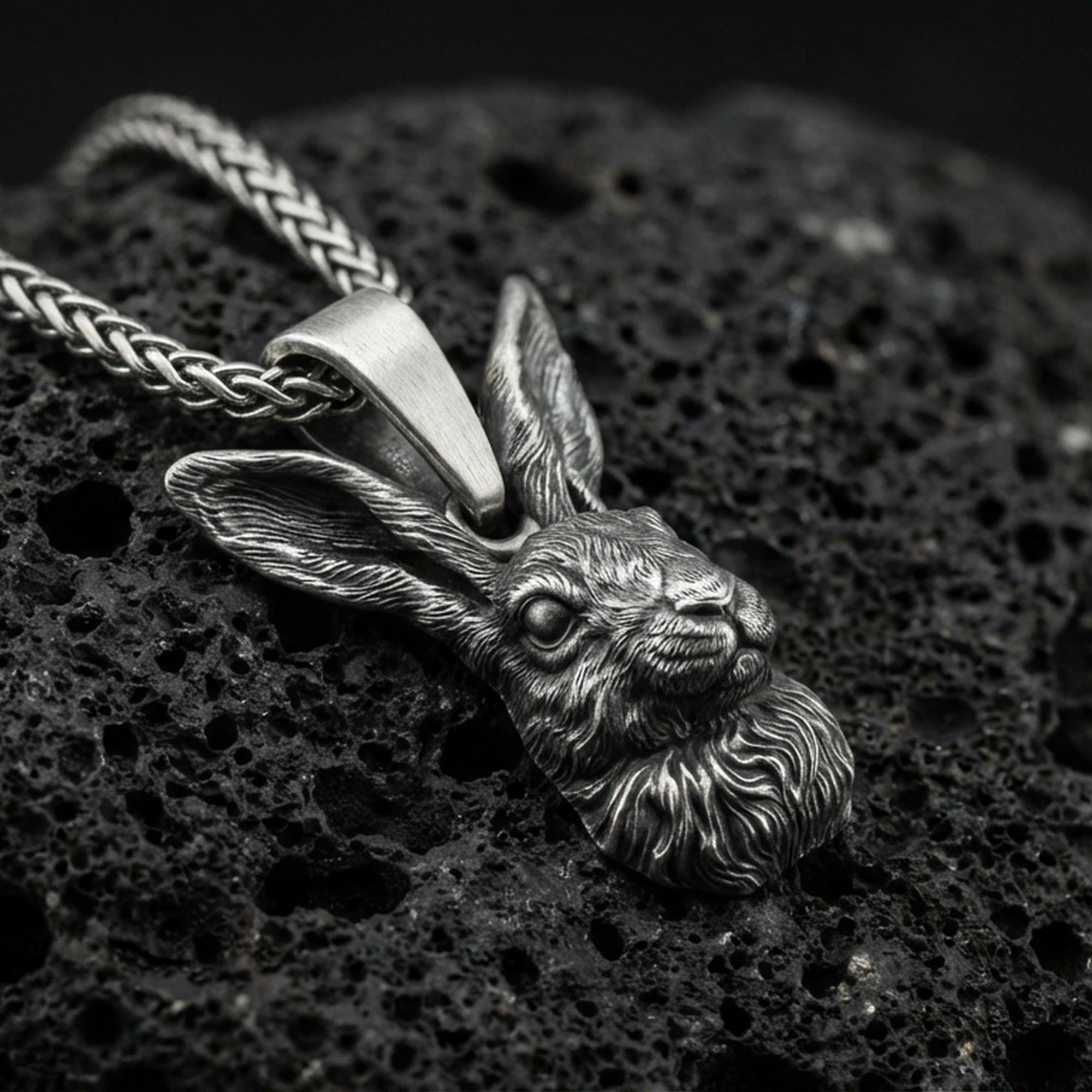 Oxidized rabbit head pendant on textured volcanic rock, macro close-up, detailed fur and ears, dark premium studio lighting