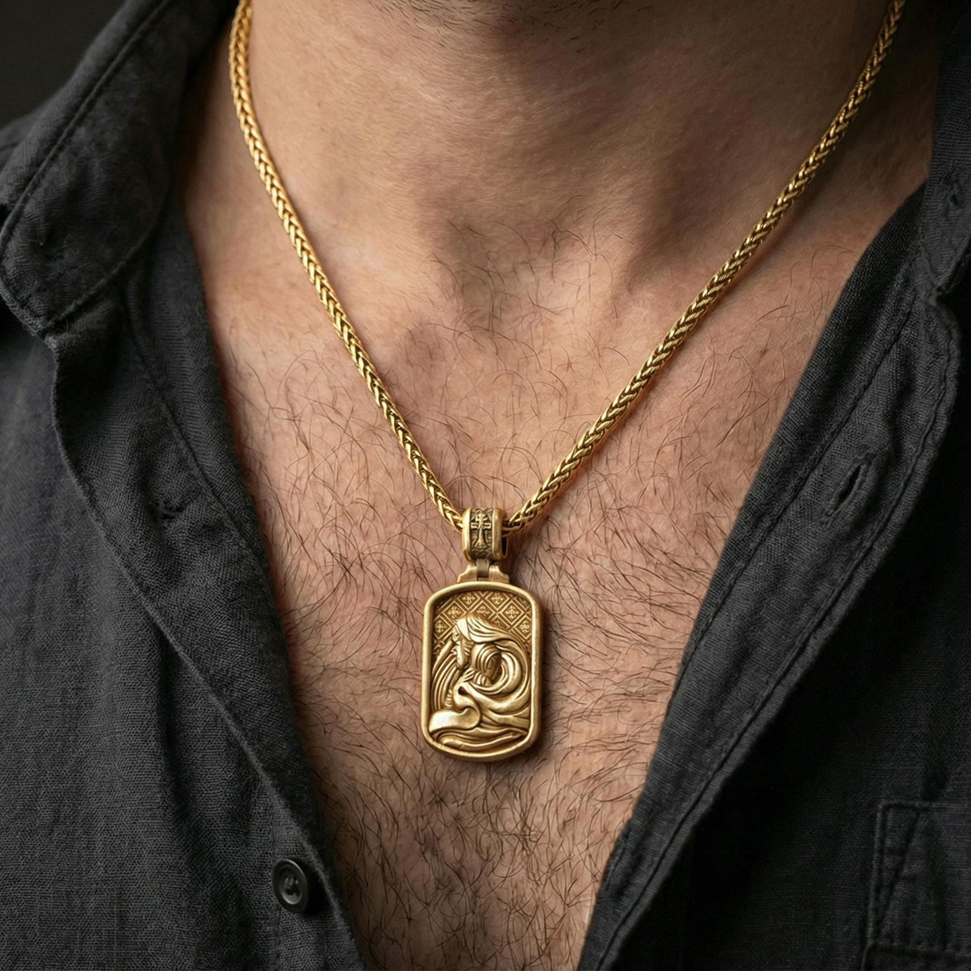 Gold plated Virgin Mary Baby Jesus necklace pendant worn on neck, close-up lifestyle shot, luxury lighting with refined metallic highlights
