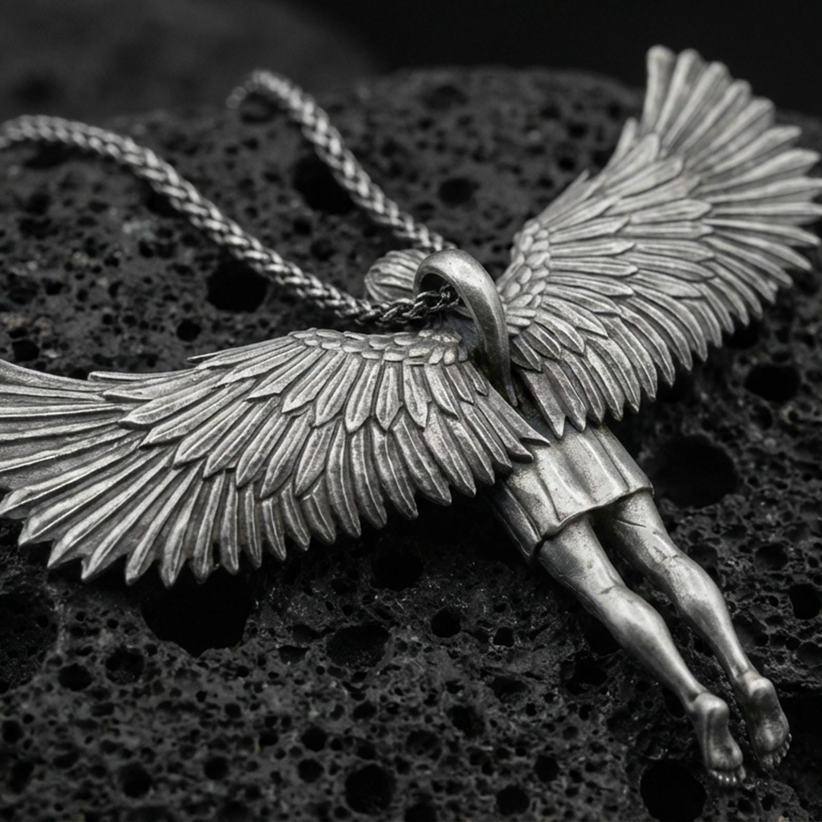 Oxidized Archangel Michael pendant on textured volcanic rock, macro close-up, full-body angel figure with spread wings, premium studio lighting