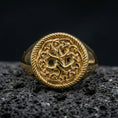Load image into Gallery viewer, Yggdrasil Tree of Life ring in a gold plated finish on volcanic rock, Viking knotwork signet design, premium macro product image
