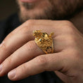 Load image into Gallery viewer, Dragon turtle ring in a gold plated finish worn on finger, statement mythical creature design, masculine lifestyle close-up
