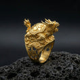Load image into Gallery viewer, Dragon turtle ring in a gold plated finish on volcanic rock, bold mythical Eastern symbolism design, premium macro product image
