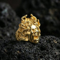 Load image into Gallery viewer, Medusa gorgon signet ring in a gold plated finish on volcanic rock, bold snake goddess statement design, premium macro product image
