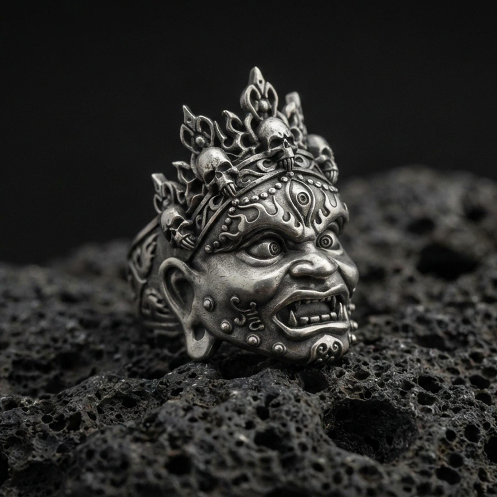 Sterling silver Yama mask ring in an oxidized finish on volcanic rock, fierce deity face with skull crown details, dramatic macro product shot