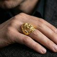 Load image into Gallery viewer, Gold plated Hephaestus signet ring worn on finger, statement mythology jewelry piece inspired by blacksmith and forge symbolism
