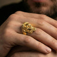 Load image into Gallery viewer, Gold plated Zeus mythology ring worn on finger, statement signet style with classical god portrait, premium lifestyle close-up
