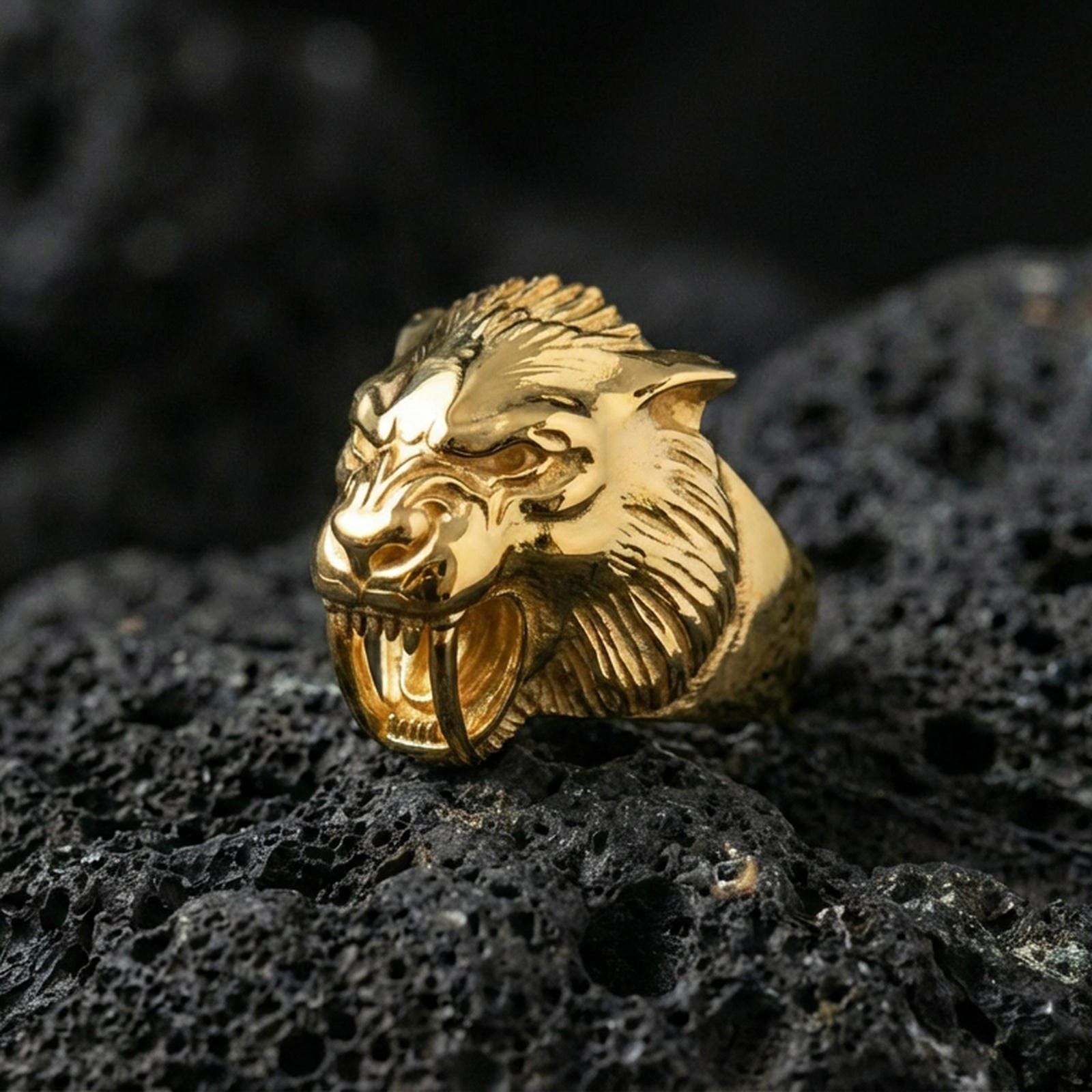 Gold plated werewolf head ring with high-relief wolf face and dramatic fangs detail, premium studio macro on black volcanic rock surface