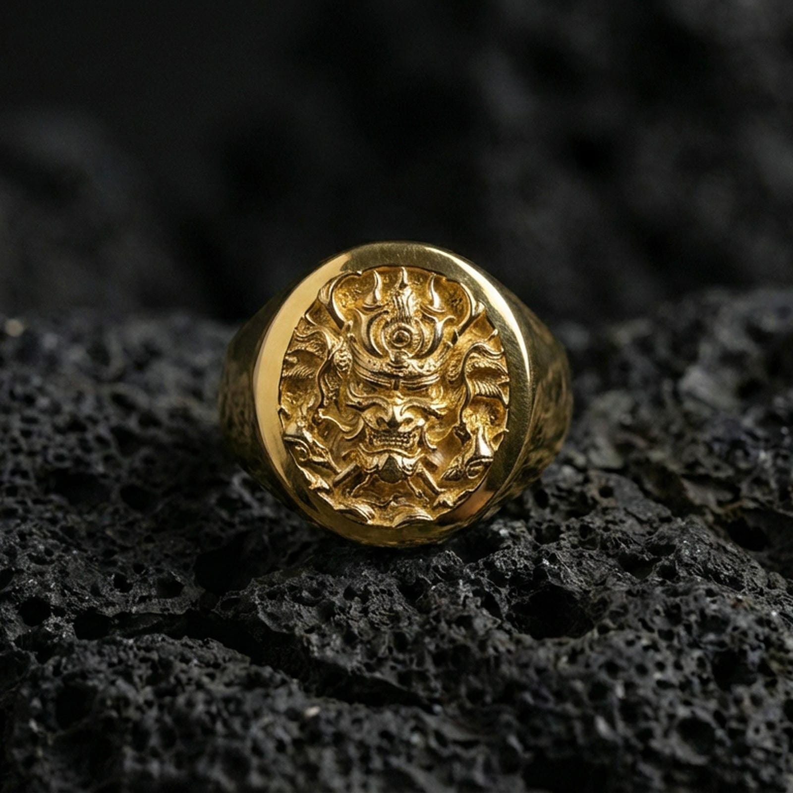 Gold plated samurai warrior signet ring on black volcanic stone, Japanese warrior mask ring, bold engraved fantasy jewelry