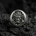 Load image into Gallery viewer, Oxidized sterling silver samurai warrior signet ring on black volcanic stone, detailed Japanese warrior mask engraving, dark fantasy style
