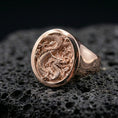 Load image into Gallery viewer, Rose gold plated Chinese dragon signet ring on black volcanic stone, coiled dragon emblem, Asian mythology signet ring
