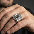 Load image into Gallery viewer, Polished sterling silver skull signet ring on a human finger, detailed skull face, statement signet ring
