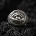Load image into Gallery viewer, Oxidized sterling silver dragon eye ring on black volcanic stone, detailed reptile scales and slit pupil, gothic fantasy jewelry
