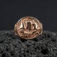 Load image into Gallery viewer, Rose gold plated Flying Dutchman ship signet ring on black volcanic stone, detailed nautical ship emblem, explorer jewelry
