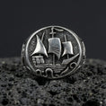 Load image into Gallery viewer, Oxidized sterling silver Flying Dutchman ship signet ring on black volcanic stone, nautical sailing ship relief, pirate explorer ring
