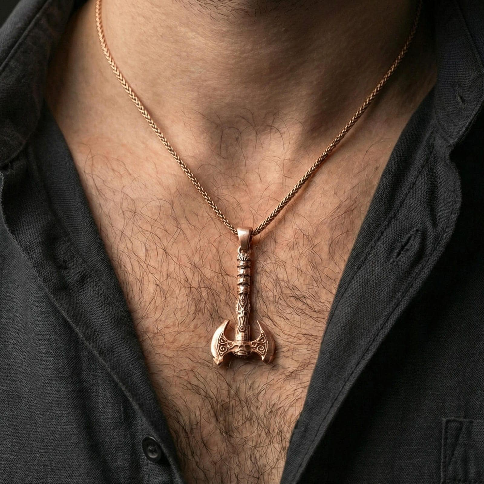 Rose gold plated Viking labrys axe necklace pendant on a human neck, ornate Viking axe pendant, braided chain