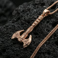 Load image into Gallery viewer, Rose gold plated Viking labrys axe necklace pendant on black volcanic stone, ornate warrior axe pendant, braided chain
