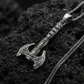 Load image into Gallery viewer, Oxidized sterling silver Viking labrys axe necklace pendant on black volcanic stone, engraved double-headed axe, braided chain
