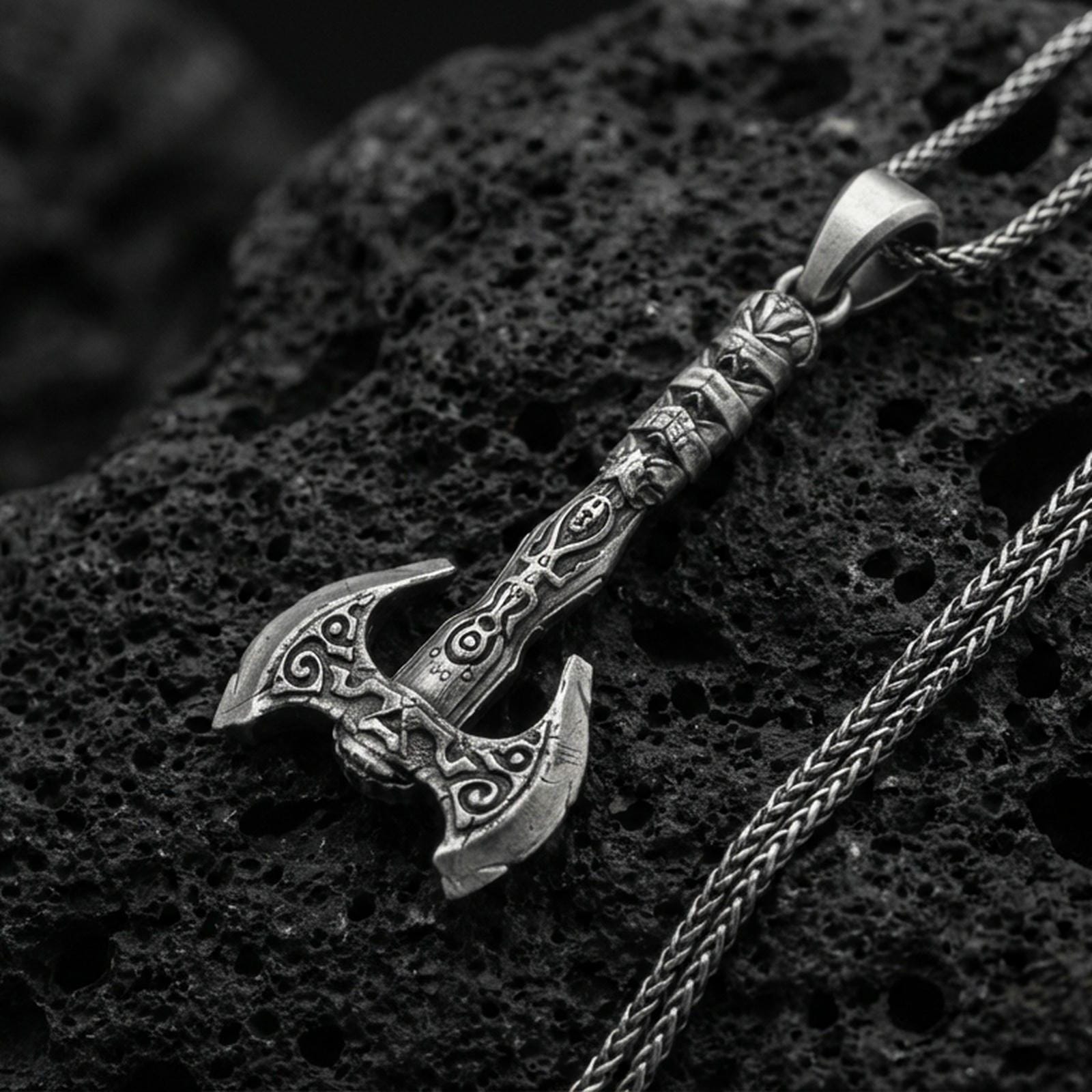 Oxidized sterling silver Viking labrys axe necklace pendant on black volcanic stone, engraved double-headed axe, braided chain