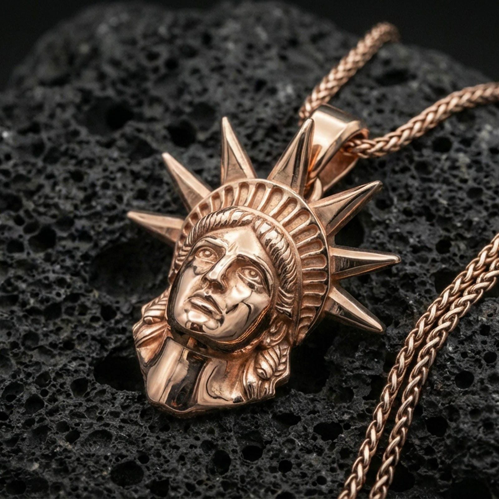 Rose gold plated Statue of Liberty pendant on black volcanic stone, New York City charm, braided chain necklace